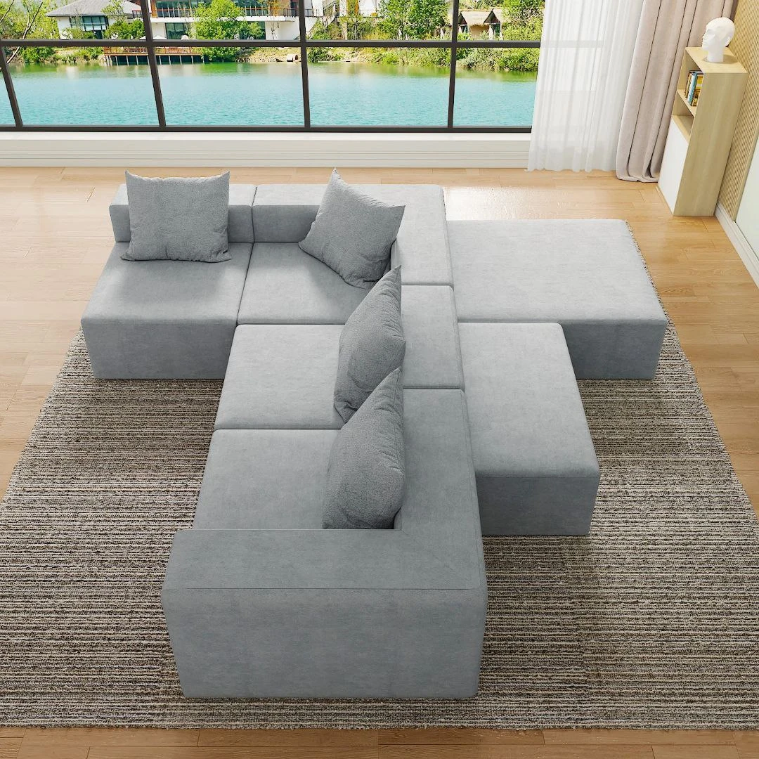 Grey Sectional Sofa with Multi-Configuration Design – 385×196×60 cm-CRS-039