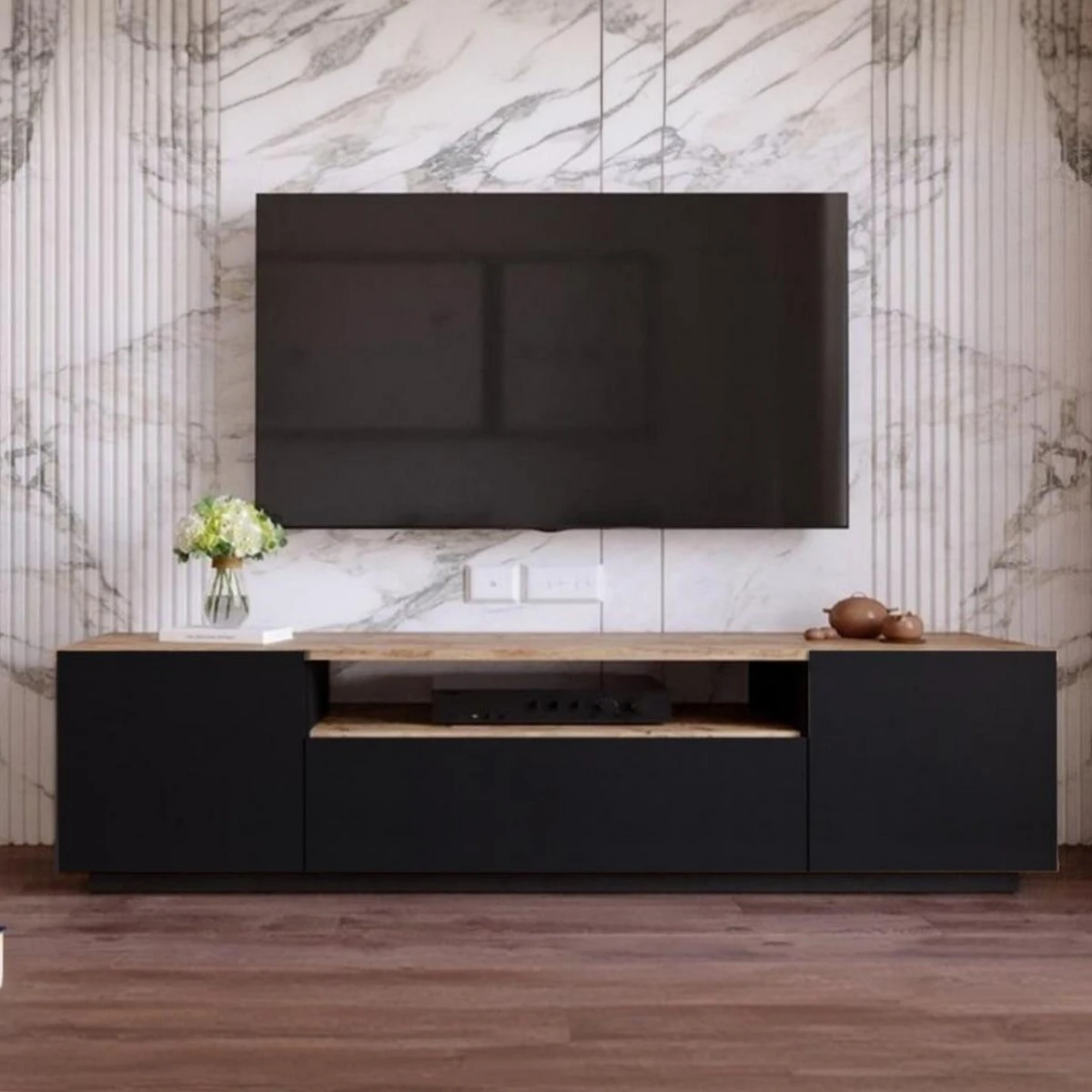 Storage Unit – 3 Doors + Shelf – Black & Beige – 180 × 35 × 30 cm TVU-091