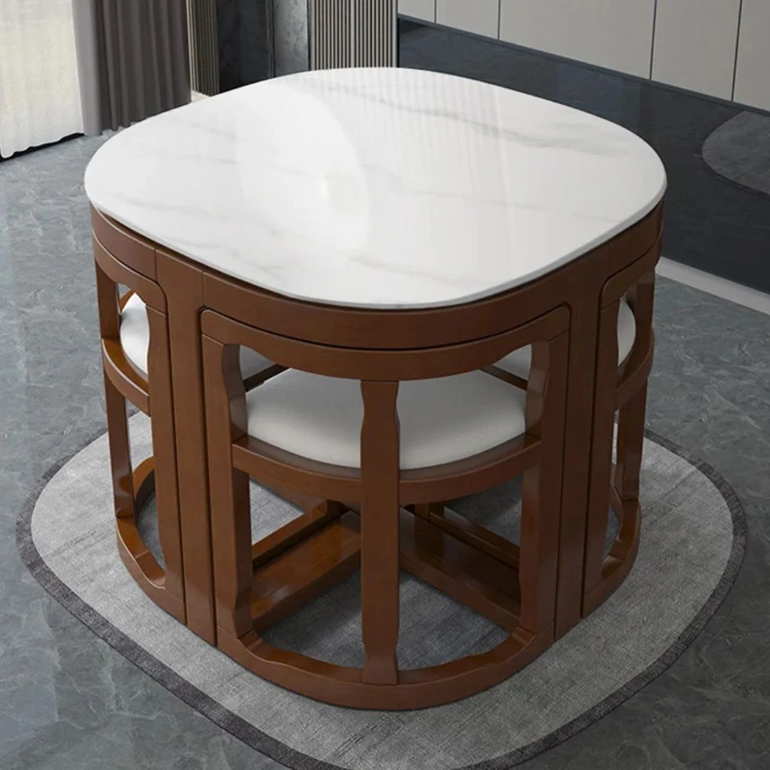 5-Piece Dining Table Set - Beech Wood - Black with Marble Finish - Space-Saving