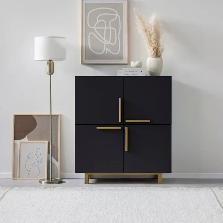 SHC-004- Shoe Cabinet - Black with Gold Handles and Legs - 80×90×35 cm