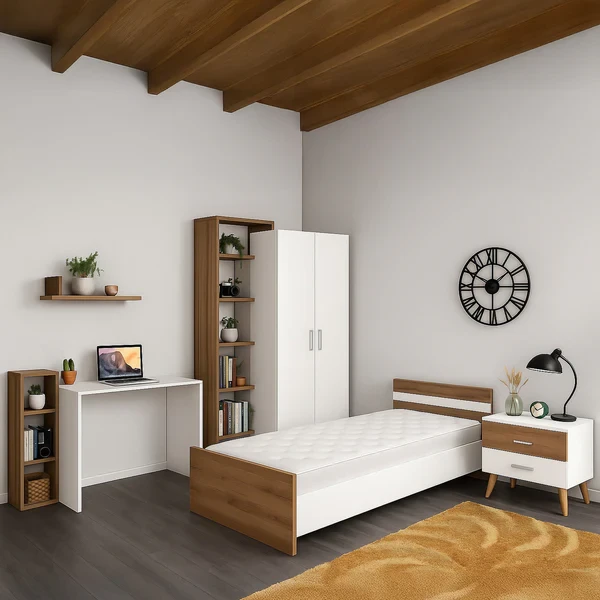 Modern Bedroom Set – European Wood – Bed, Desk, Wardrobe & Nightstand  MBR-001
