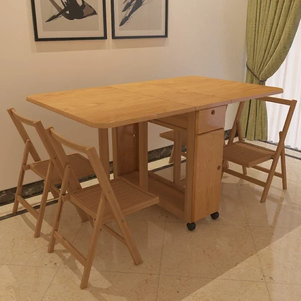 Folding Dining Set – 4 Chairs with Wheels & Natural Beech Wood Table DNT-017