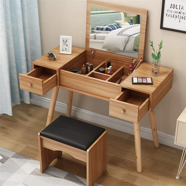 Modern Dressing Table with Pouf – Elegant Design and High-Quality MDf DRT-019