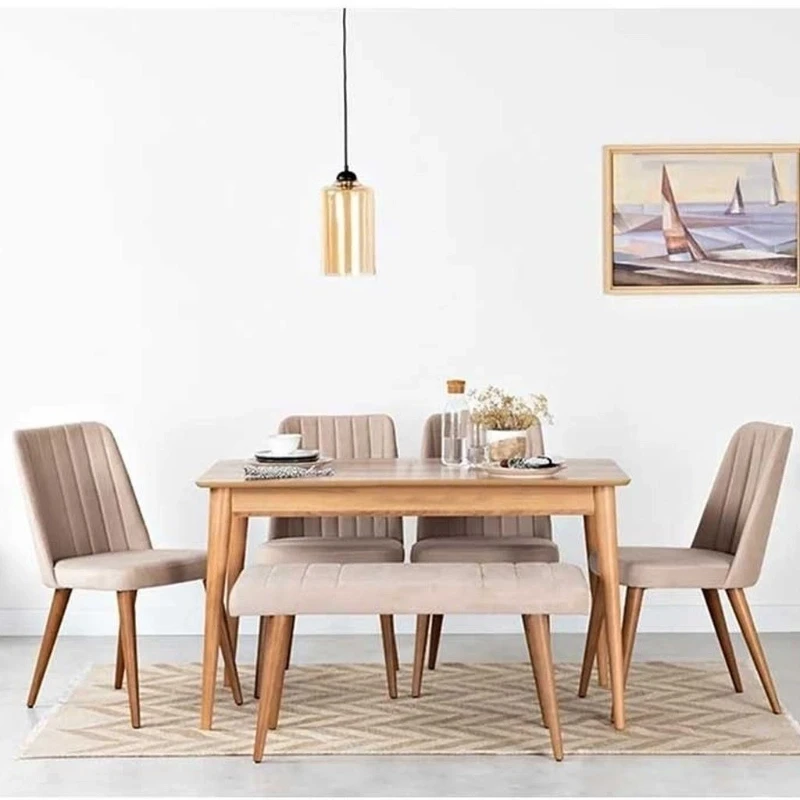 Modern Dining Set – Natural Beech Top Table with 6 Chairs (Beige)DNT-030