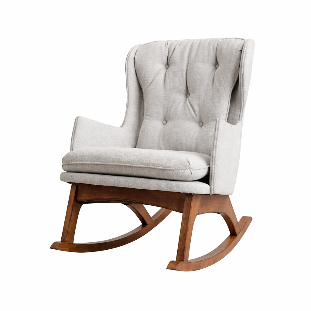 Rocking Chair - Red Beech Wood & Velvet - Beige & Brown
