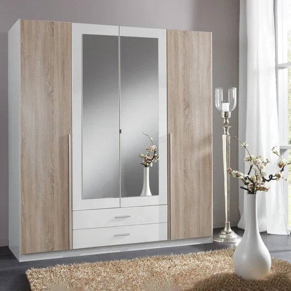 Modern White & Beige Wardrobe – Smart Design with Shelves and Drawers WRD-004