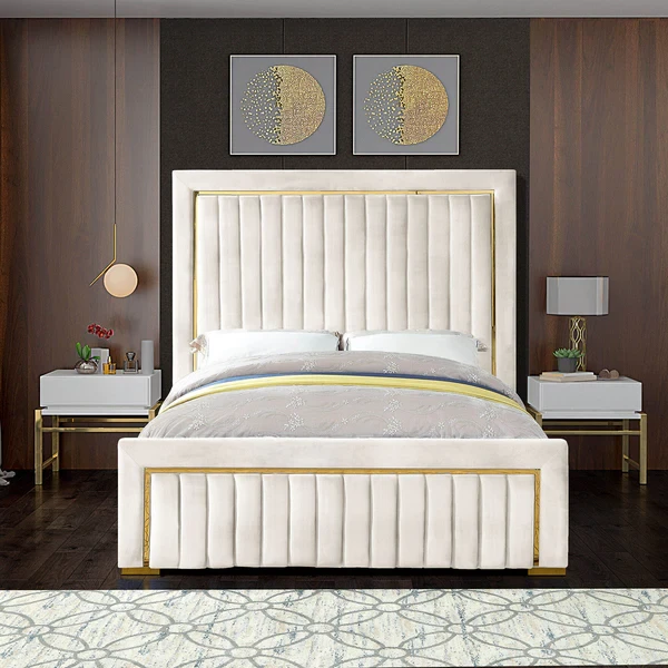 Modern Beech Wood Bed with Velvet Upholstery – Counter Wood Frame | Antika Homz BED-039