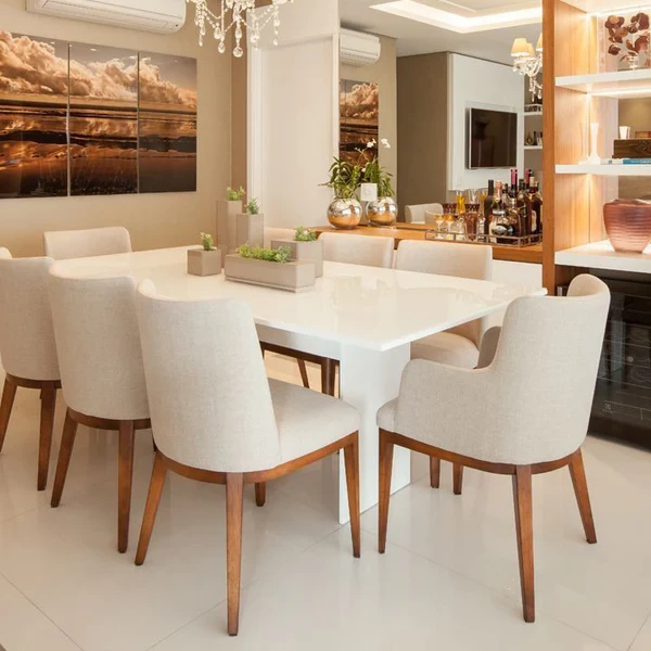 Modern Dining Set – Poly Lac Table with 8 Velvet or Linen Chairs DNT-024