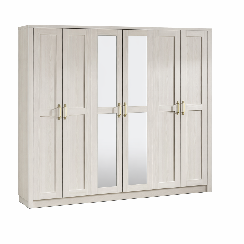 6-Door Wardrobe – MDF Wood – Matte Finish with Adjustable Shelves & Mirrors  WRD-028