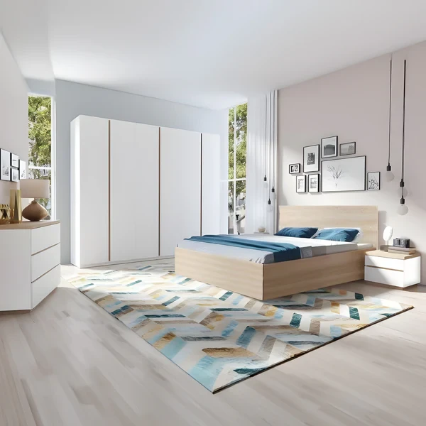 Modern Bedroom Set – MDF & Pine Slats – Bed, Wardrobe, Dresser & 2 Nightstands MBR-013