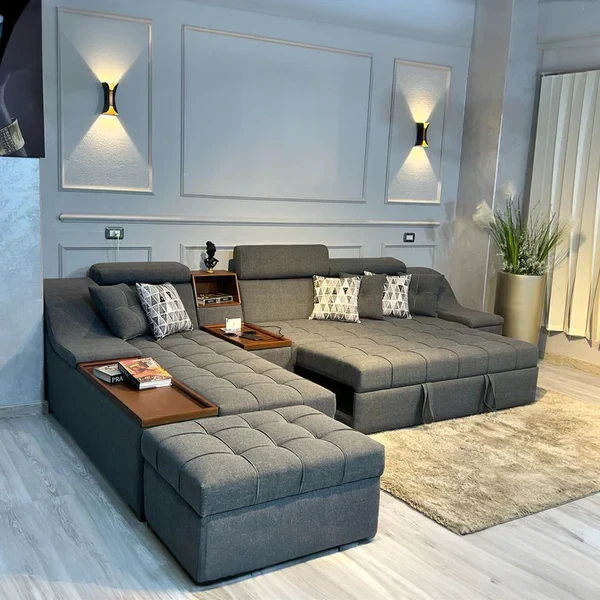 Modern Corner Sofa with Storage Bed & Cup Holder – Beech Wood & Linen Upholstery CRS-041