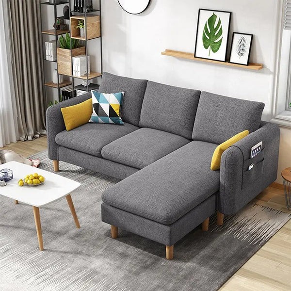 Corner Sofa Set (Sofa + Pouf) – Beech Wood Frame – Linen Fabric – Foam 35 kg/m³ – CRS-082