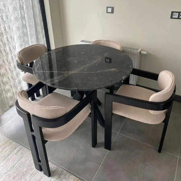 Luxury Round Dining Table Set – Beech Wood & Linen Upholstery Luxury Round Dining Table Set – Beech Wood & Linen Upholstery DNT-005