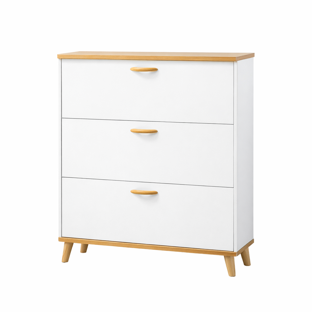 White & Beige MDF Shoe Rack – 3 Flip Doors – Ideal for Entryways-SHC-134