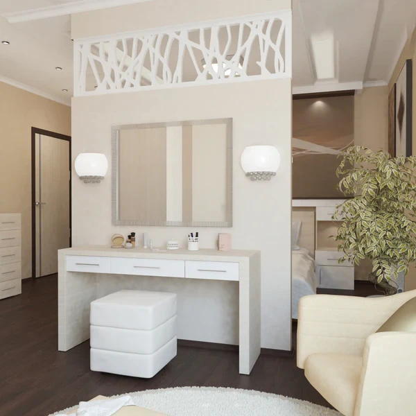 Modern Dressing Table with Pouf – Elegant Design and Functional Storage DRT-020