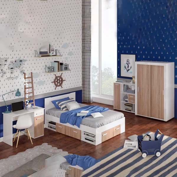 MBR-003 Modern Bedroom Set – MDF Wood – Bed, Desk, Wardrobe & Shelving Unit