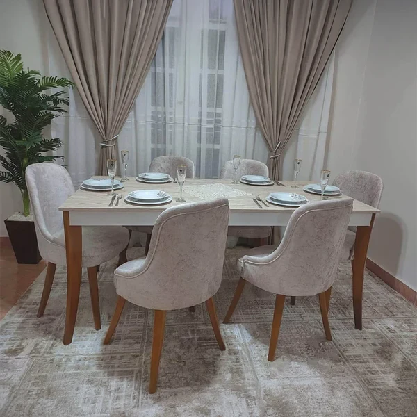 Modern Dining Set – 6 Velvet Chairs & Natural Beech Wood DNT-006