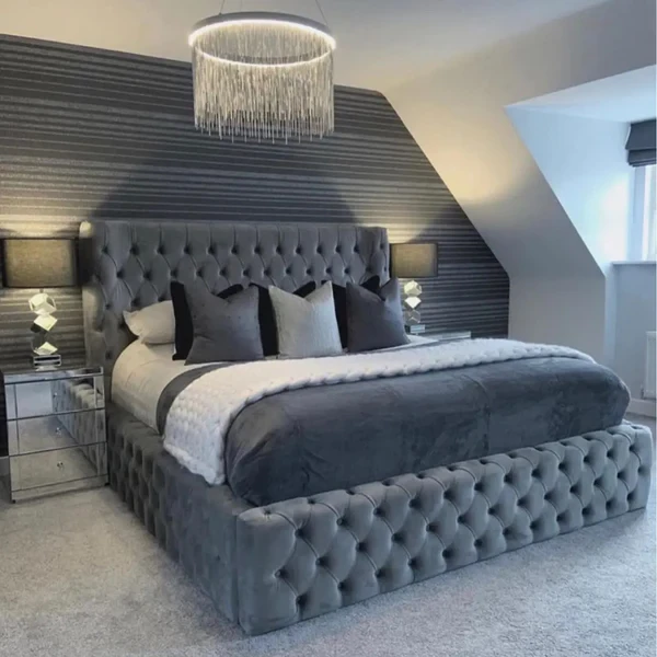 Modern Suede Bed – Natural Beech Wood & Soft Upholstery | Antika Homz  BED-034