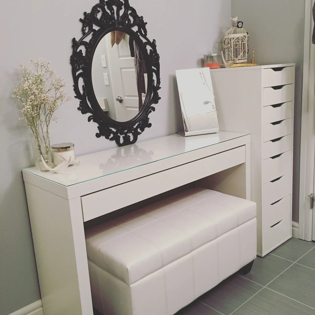 Modern Dressing Table with Drawers, Mirror & Ottoman – Elegant MDF Design DRT-001