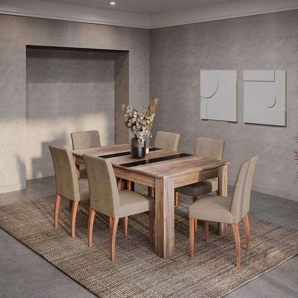 Modern Dining Set – Beech & Counter Wood Table with 6 Linen Chairs DNT-031