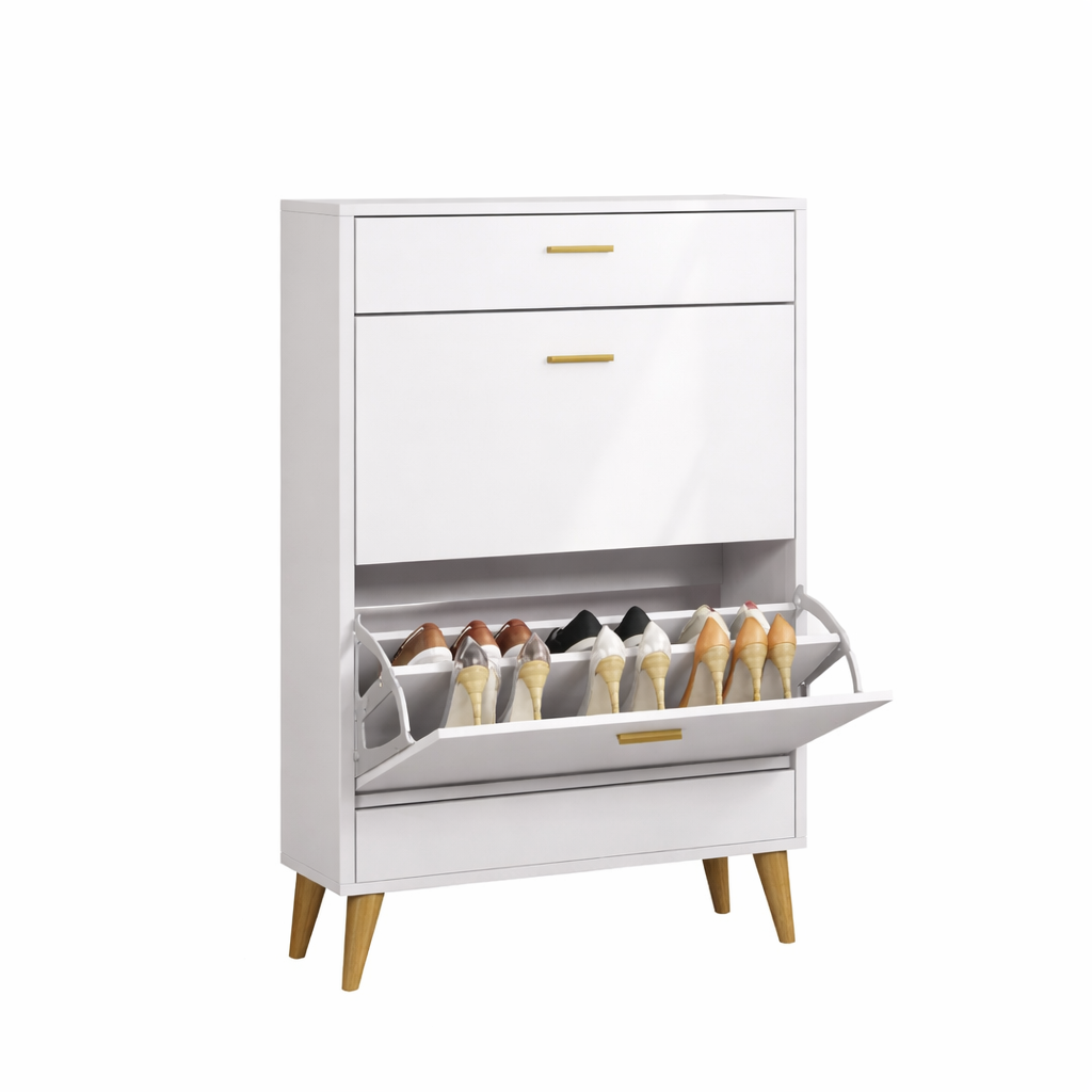White Shoe Cabinet – 2 Flip Doors + Drawer – 80×120×30 cm-SHC-135