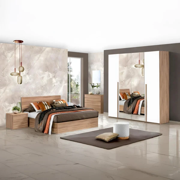 Modern Bedroom Set – MDF & Pine Slats – Bed, Wardrobe, Dresser & 2 Nightstands MBR-012