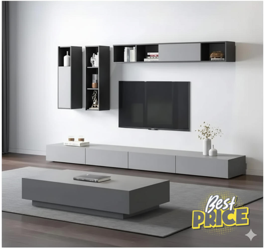 ترابيزة تلفزيون مع ترابيزة قهوة و رفوف حائطية TVU-099