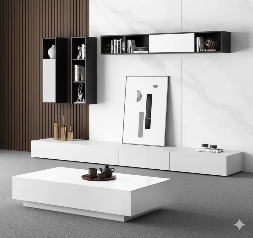 ترابيزة تلفزيون مع ترابيزة قهوة و رفوف حائطية TVU-098