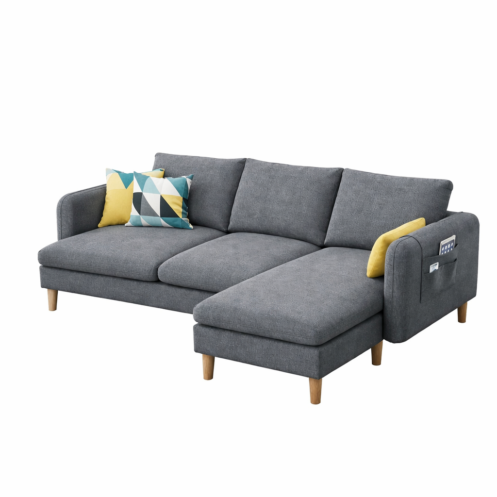 Corner Sofa Set (Sofa + Pouf) – Beech Wood Frame – Linen Fabric – Foam 35 kg/m³ – CRS-082