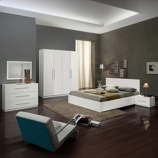 Modern Bedroom Set – MDF & Pine Slats – Bed, Wardrobe, Dresser, Mirror, Nightstand, Frame & Footrest MBR-014