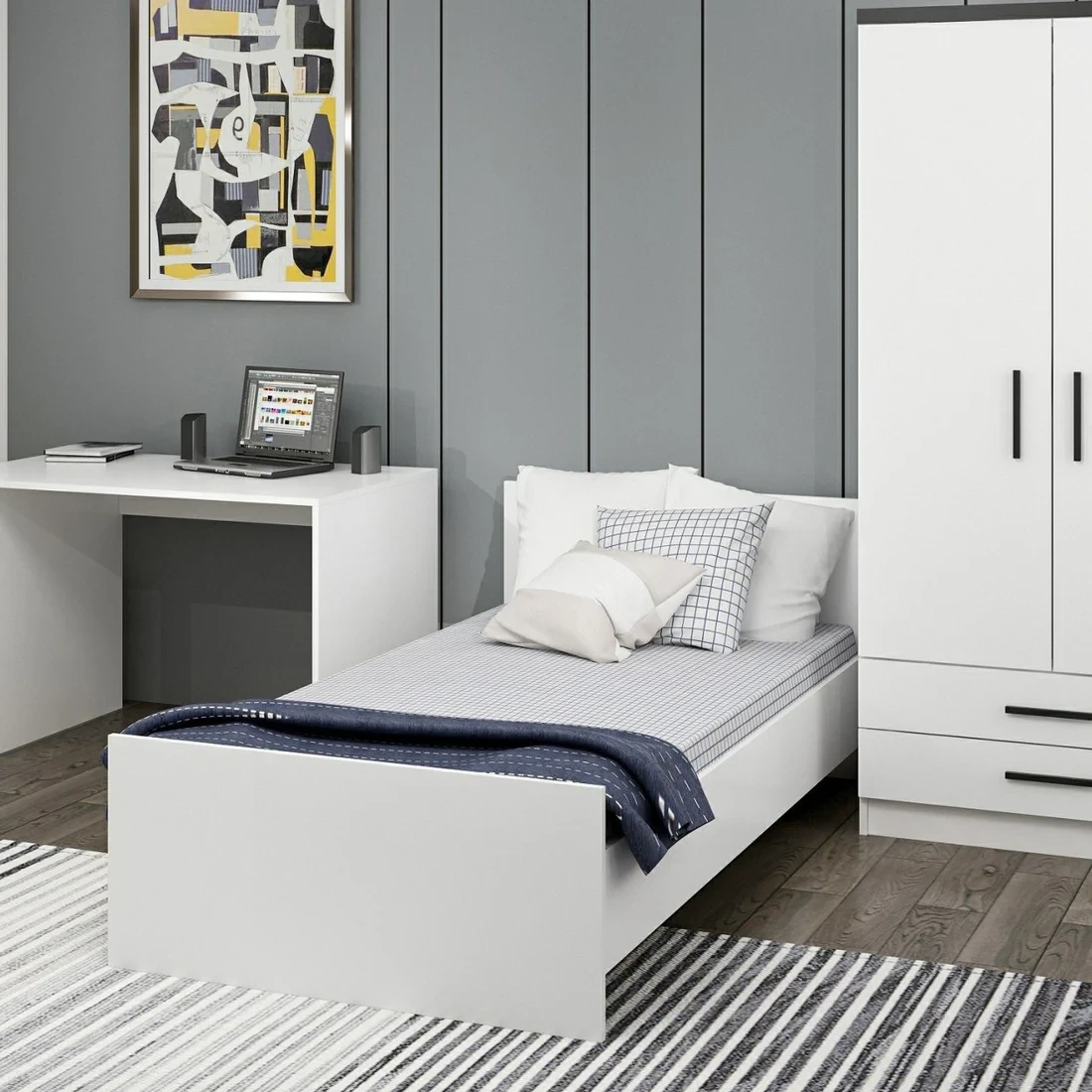 Modern Bedroom Set – MDF Wood – Bed, Wardrobe & Desk Custom Made MBR-017