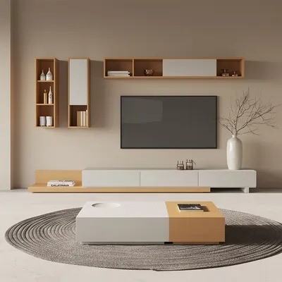 ترابيزة تلفزيون مع ترابيزة قهوة و رفوف حائطية TVU-102